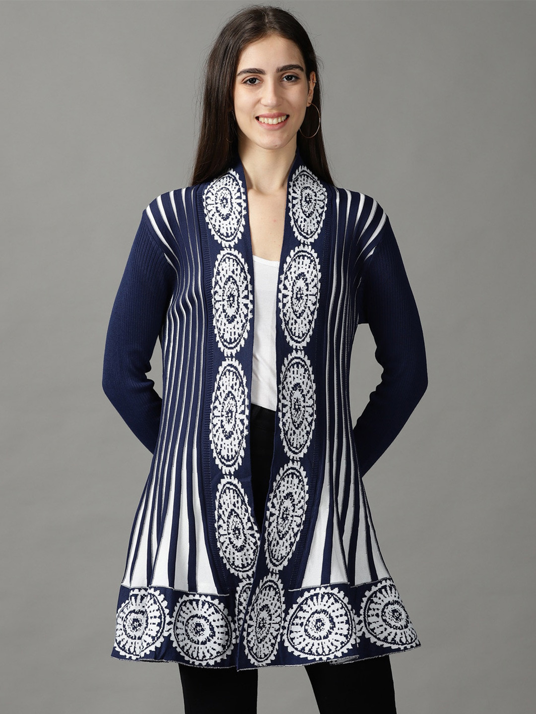 

SHOWOFF Women Printed Acrylic Longline Shrug, Blue