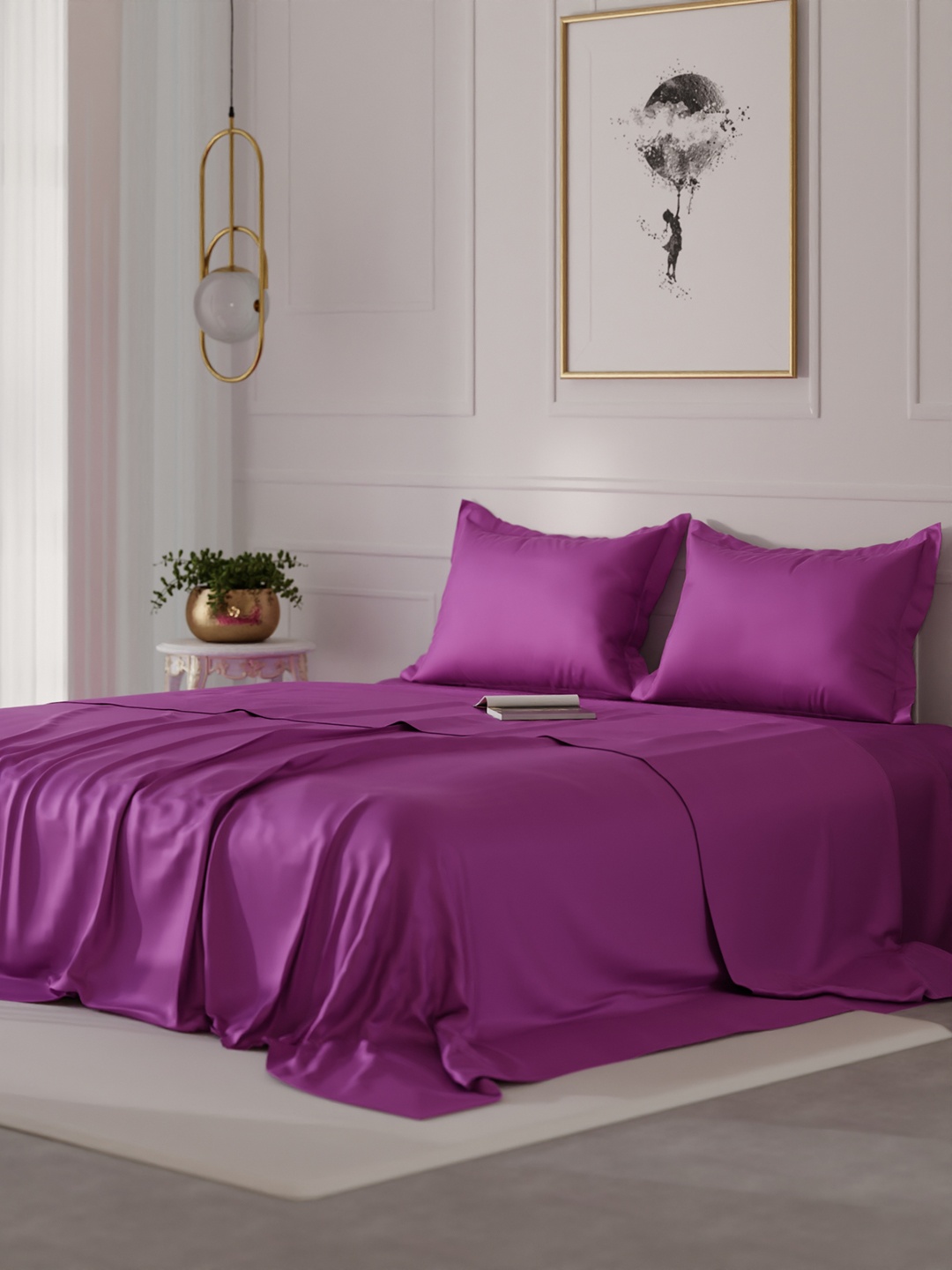 

Stoa Paris Date Night Collection Purple 300TC King Satin Bedsheet with 2 Pillow Covers