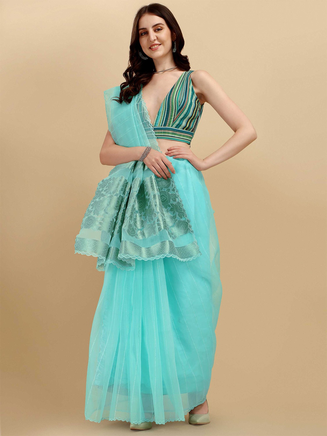 

DUNGRANI Embellished Sequined Organza Saree, Turquoise blue