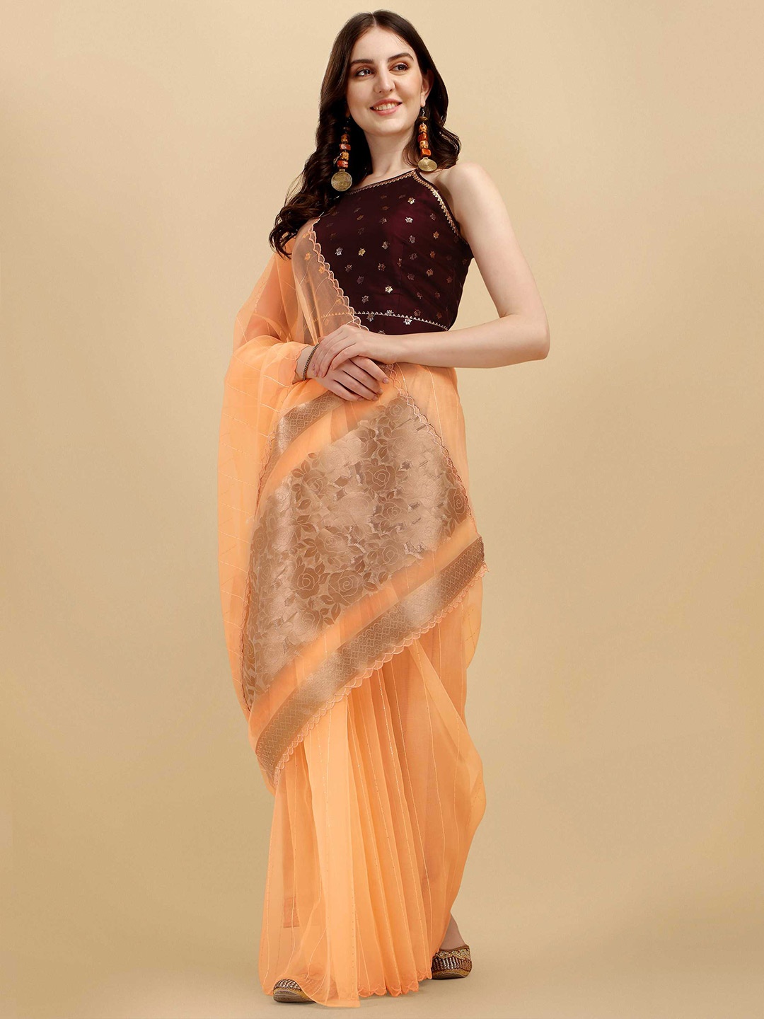 

DUNGRANI Embellished Sequined Organza Saree, Peach