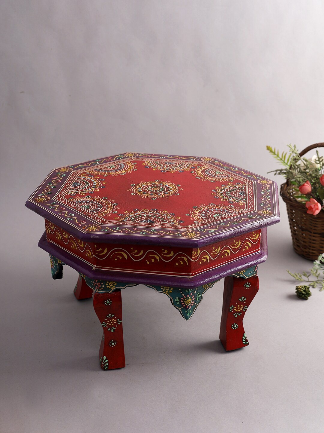 

Aapno Rajasthan Red & Purple Ethnic Motifs Textured Wooden Chowkie