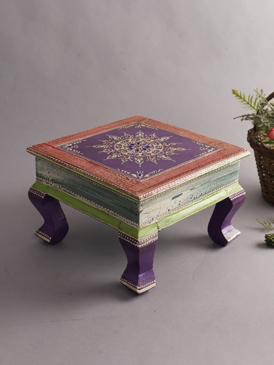 

Aapno Rajasthan Purple & Red Ethnic Motifs Textured Wooden Bajot Chowkie