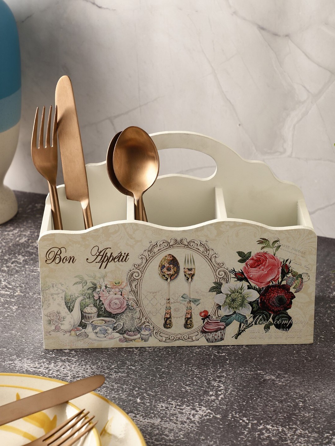 

The Decor Mart Floral Printed Wooden Utility Holder, White