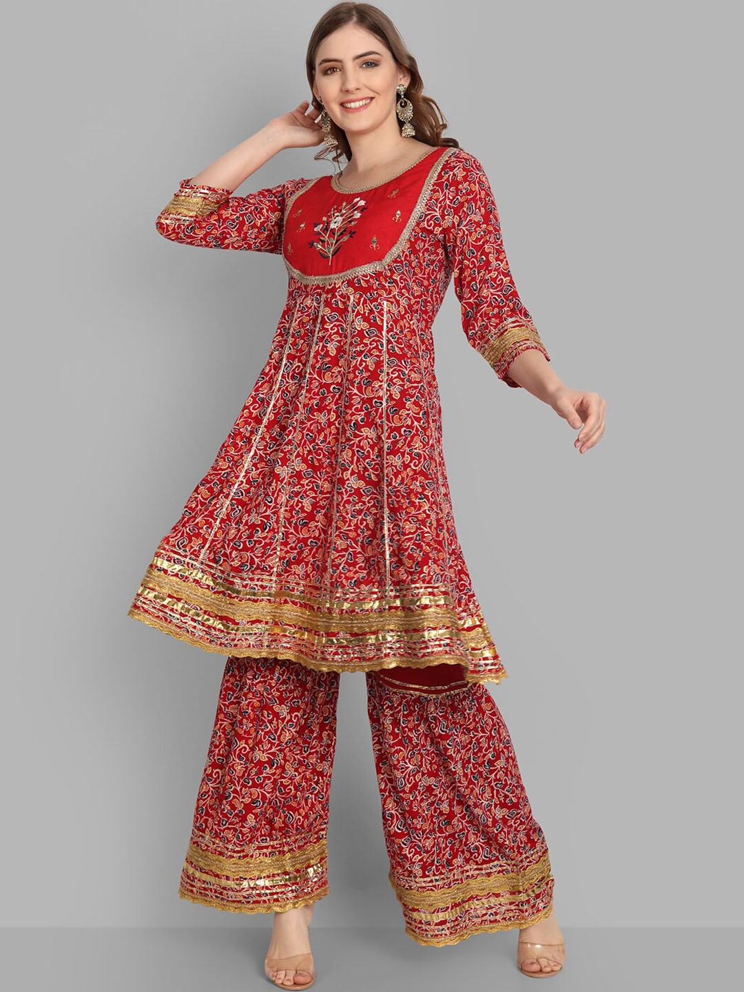 

SINGNI Ethnic Motifs Embroidered Empire Kurta with Sharara & Dupatta, Red
