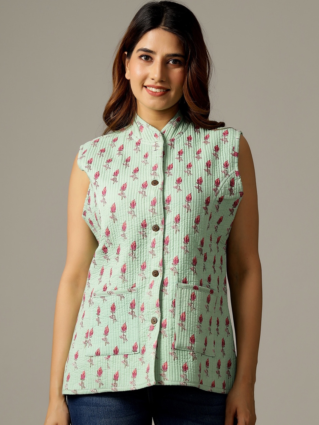 

HANDICRAFT PALACE Women Green Floral Reversible Tailored Jacket