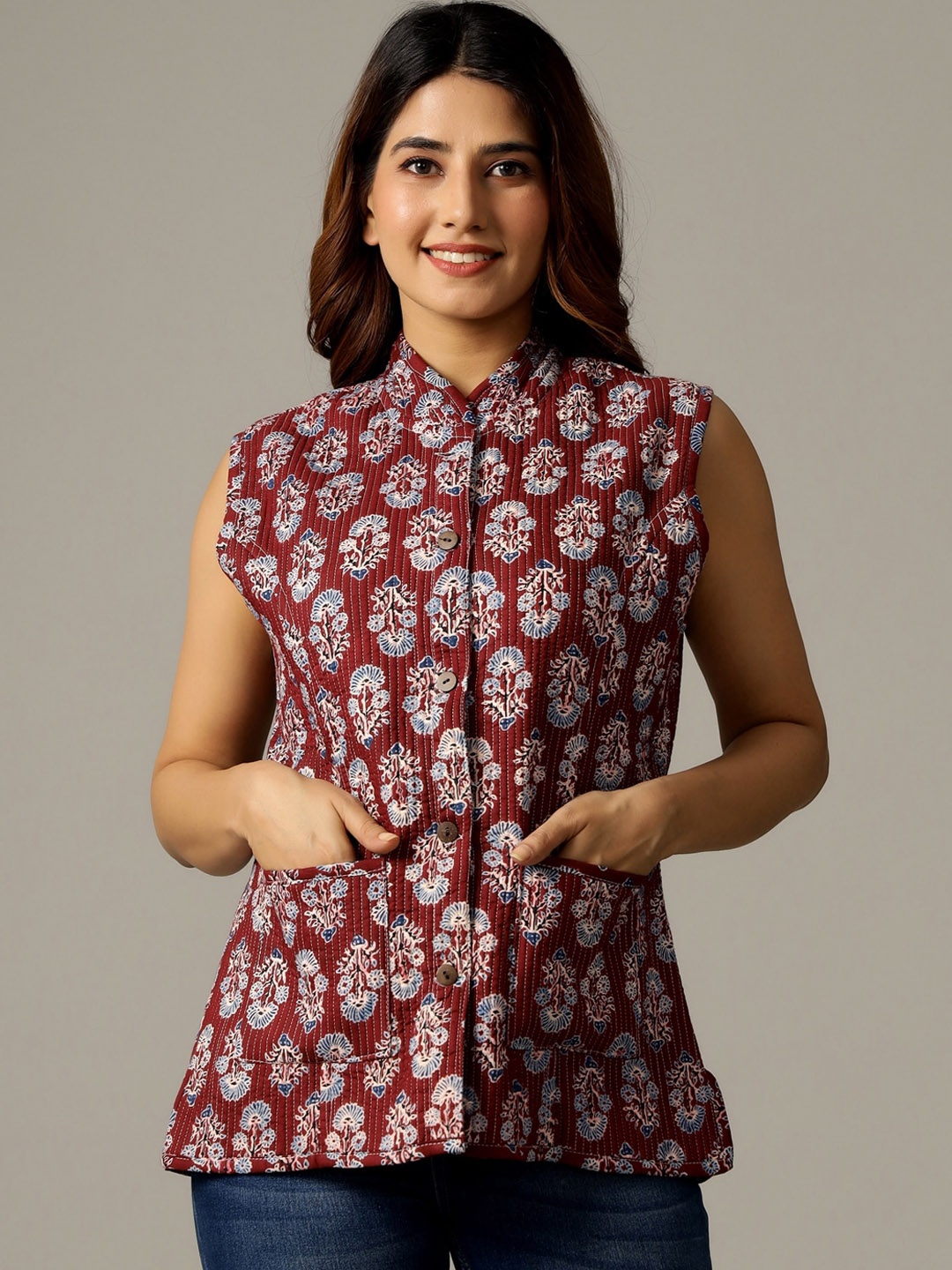 

HANDICRAFT PALACE Women Floral Printed Reversible Cotton Tailored Jacket, Maroon