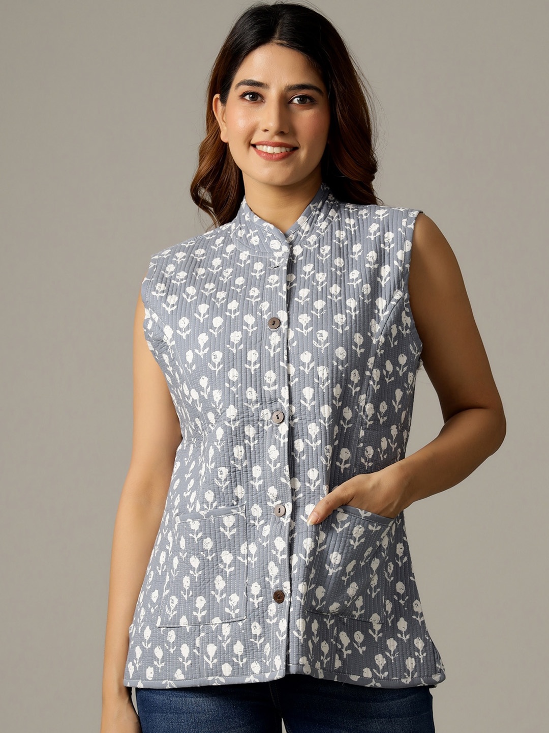 

HANDICRAFT PALACE Women Floral Printed Reversible Cotton Tailored Jacket, Grey