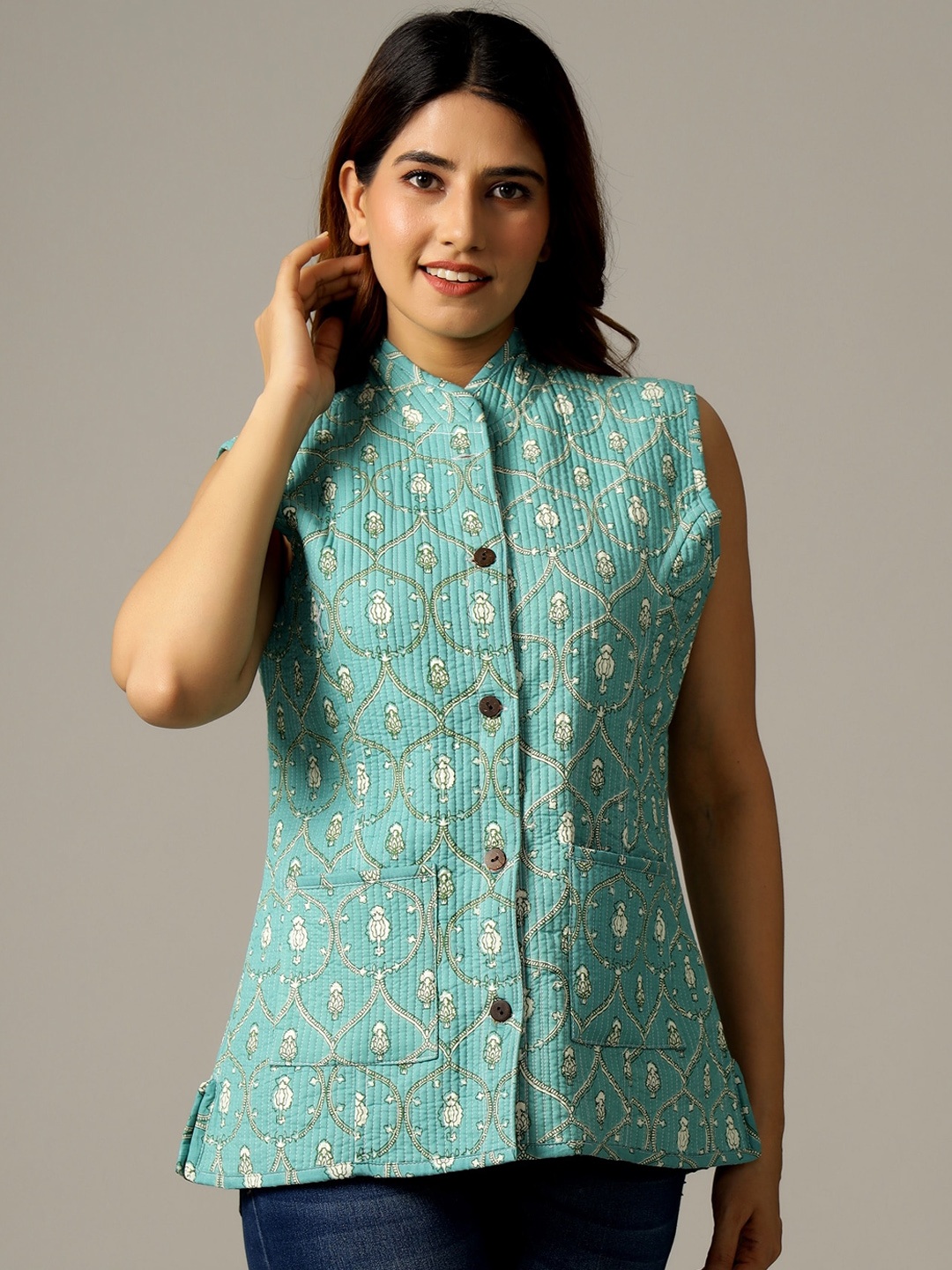 

HANDICRAFT PALACE Women Floral Printed Reversible Cotton Tailored Jacket, Green