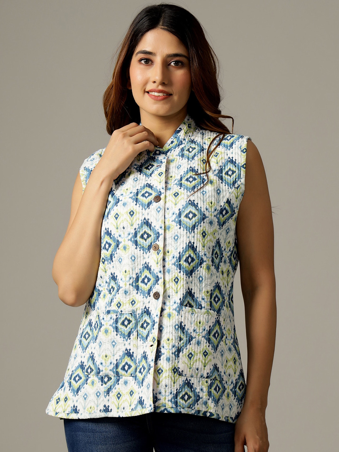 

HANDICRAFT PALACE Women Geometric Printed Reversible Cotton Tailored Jacket, White
