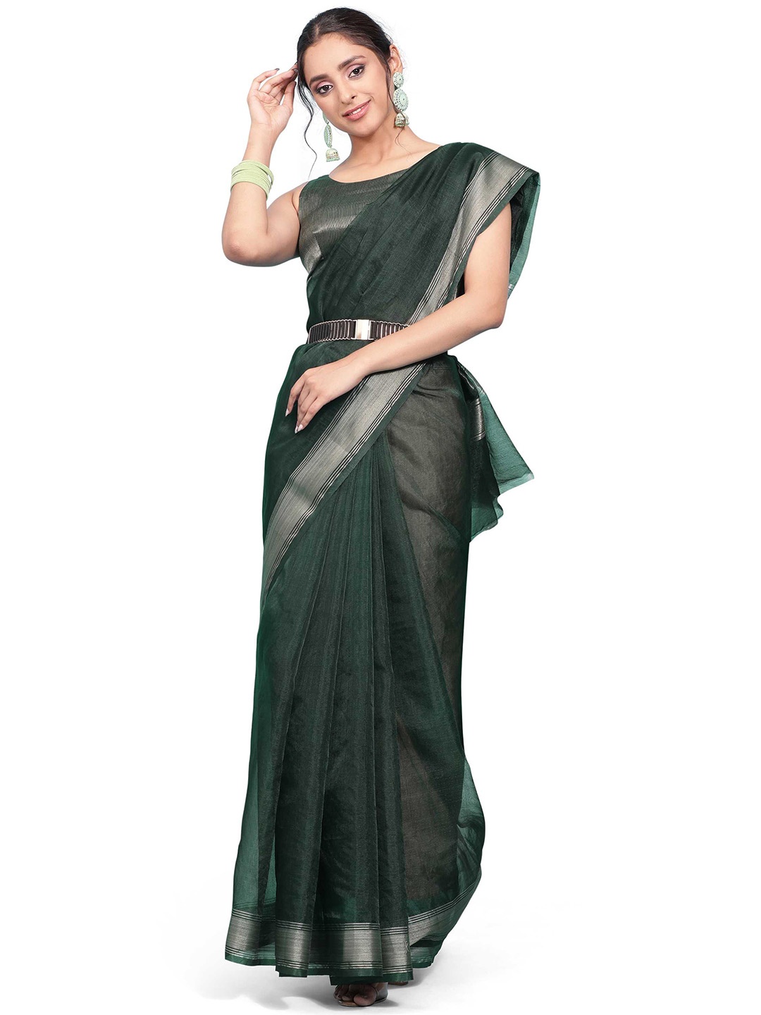 

DUNGRANI Green & Silver-Toned Zari Organza Saree