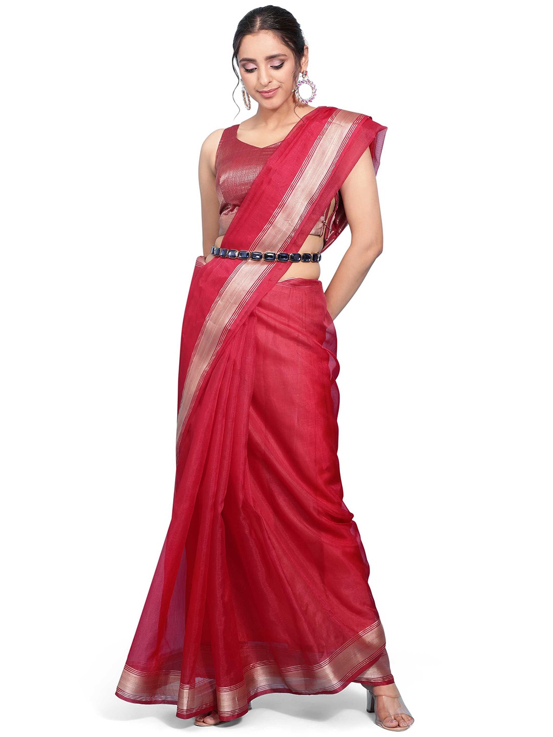 

DUNGRANI Zari Organza Saree, Coral