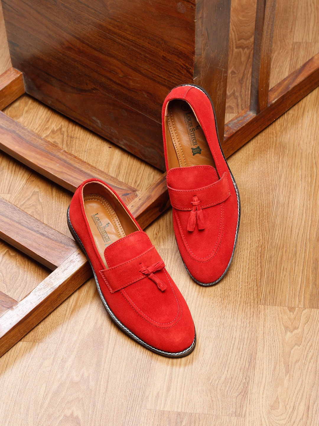 

LOUIS STITCH Men Round Toe Moccasin Formal Loafers, Red