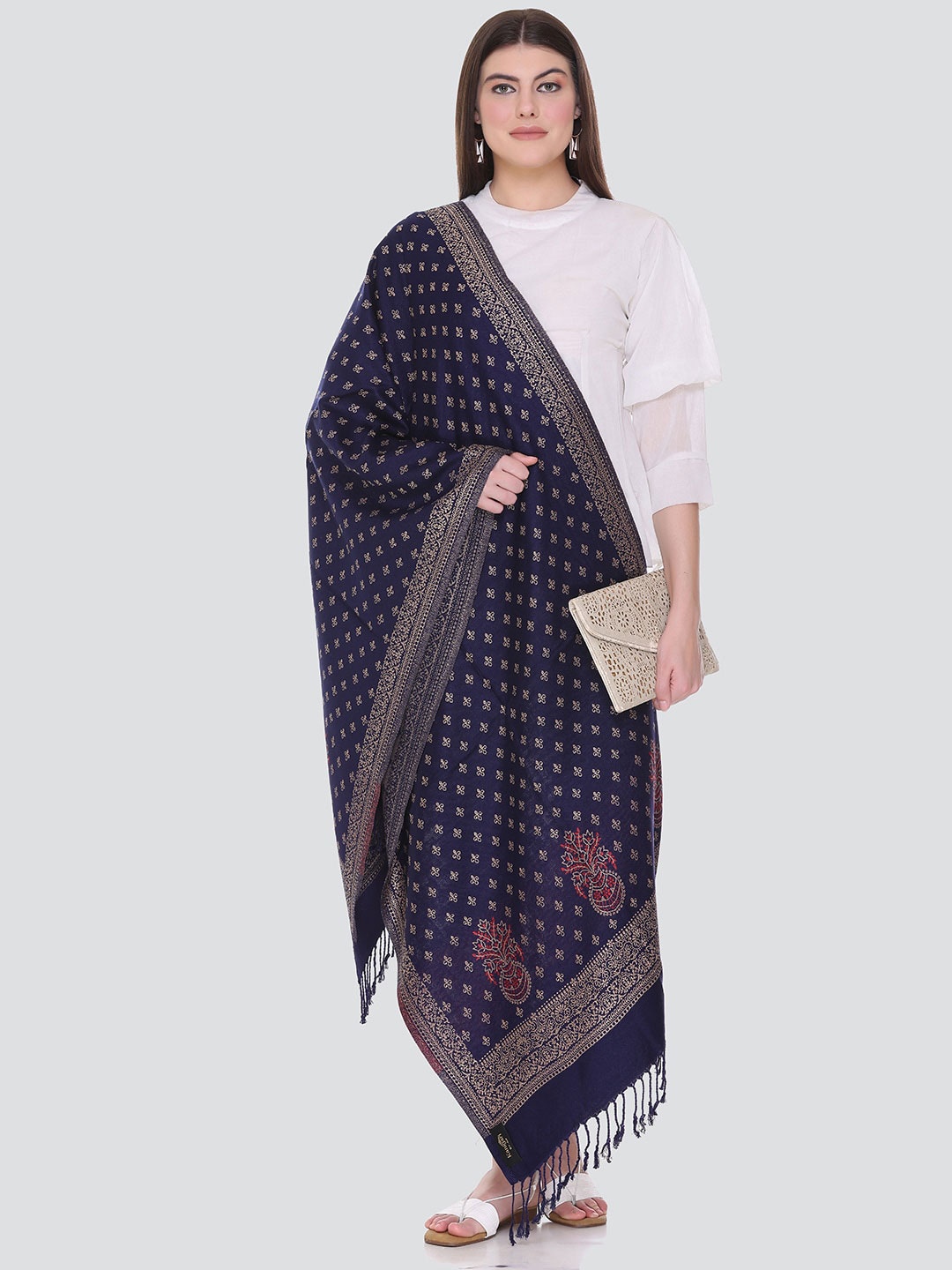 

KANIGARI Women Ethnic Motifs Woven Design Wool Stole, Navy blue