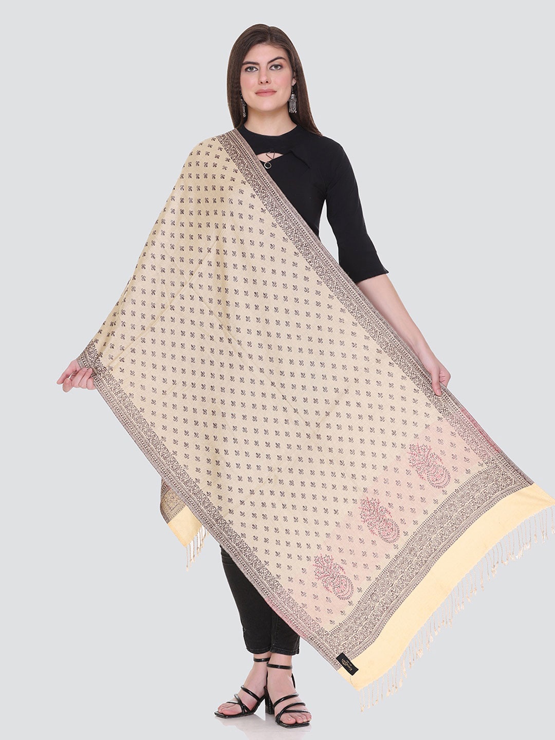 

KANIGARI Women Ethnic Motifs Woven Design Wool Stole, Beige