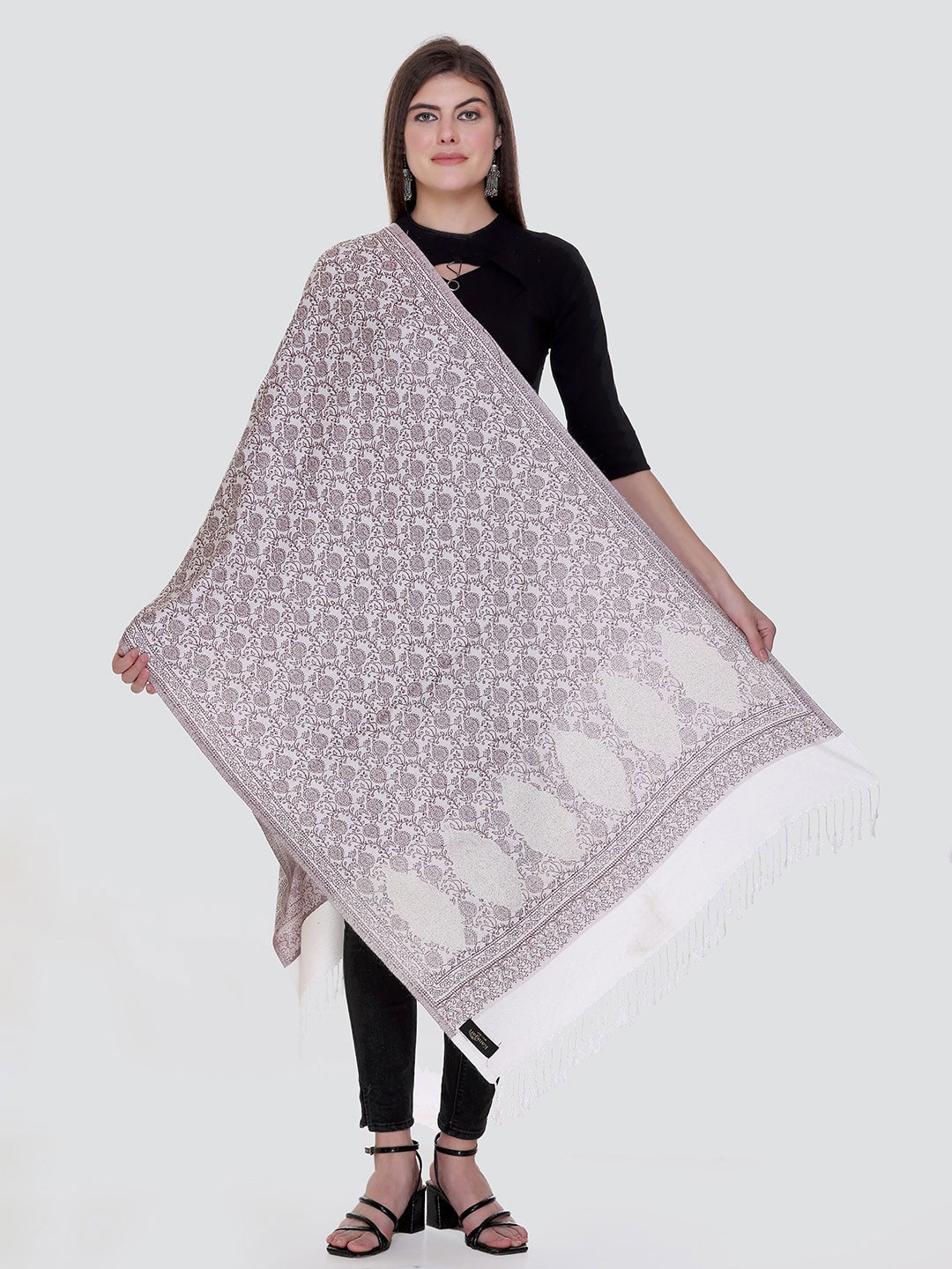 

KANIGARI Women Ethnic Motifs Woven Design Wool Stole, White