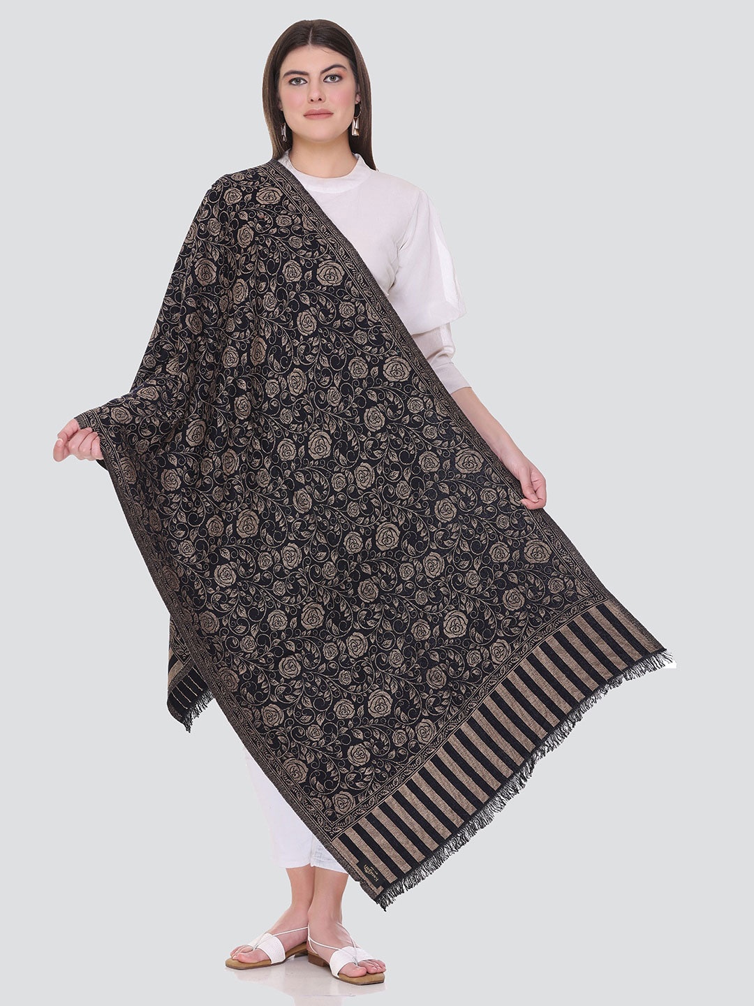 

KANIGARI Women Floral Motif Woven Design Wool Stole, Black