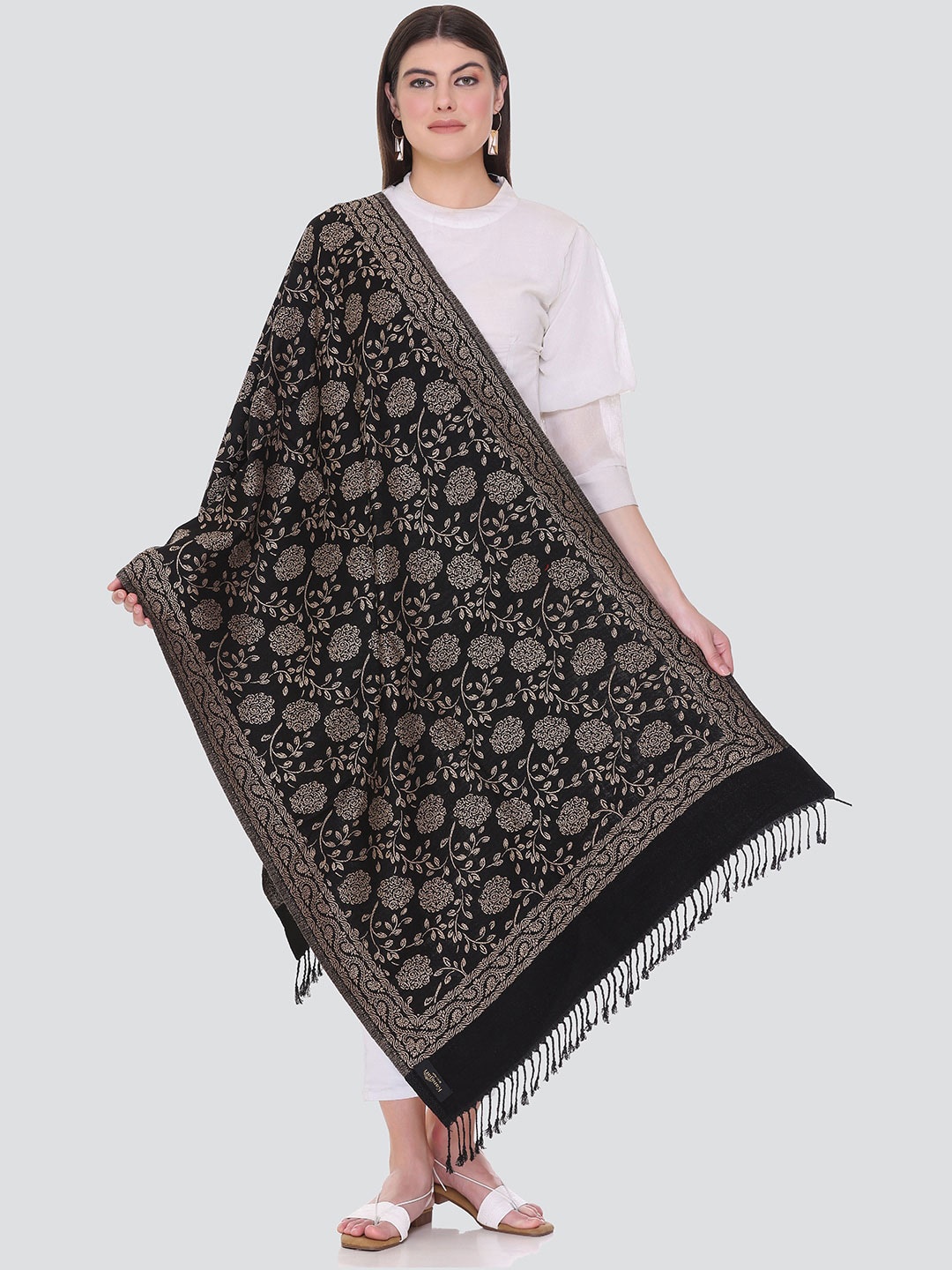 

KANIGARI Women Floral Motif Woven Design Wool Stole, Black