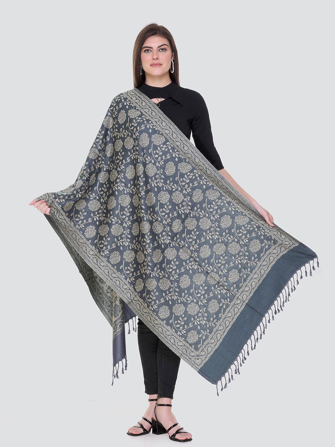 

KANIGARI Women Floral Motif Woven Design Wool Stole, Grey