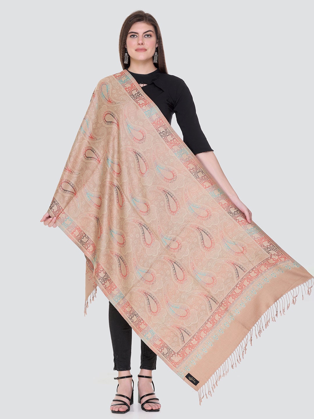 

KANIGARI Women Ethnic Motifs Woven Design Wool Stole, Beige