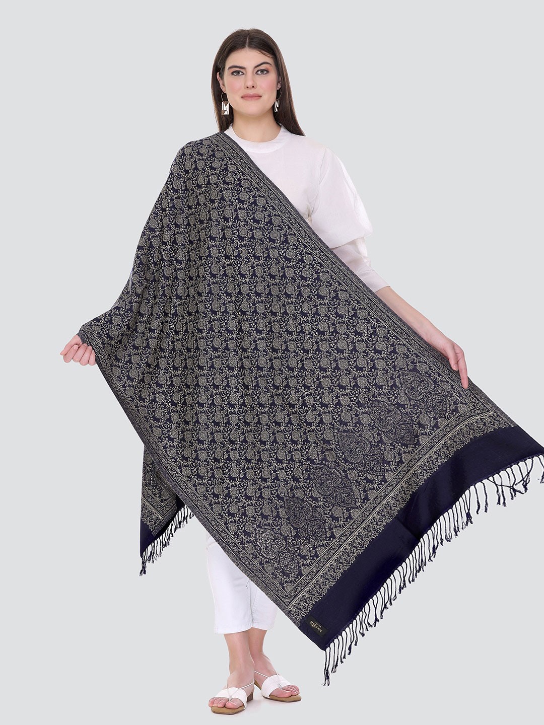 

KANIGARI Women Woven Design Wool Stole, Navy blue