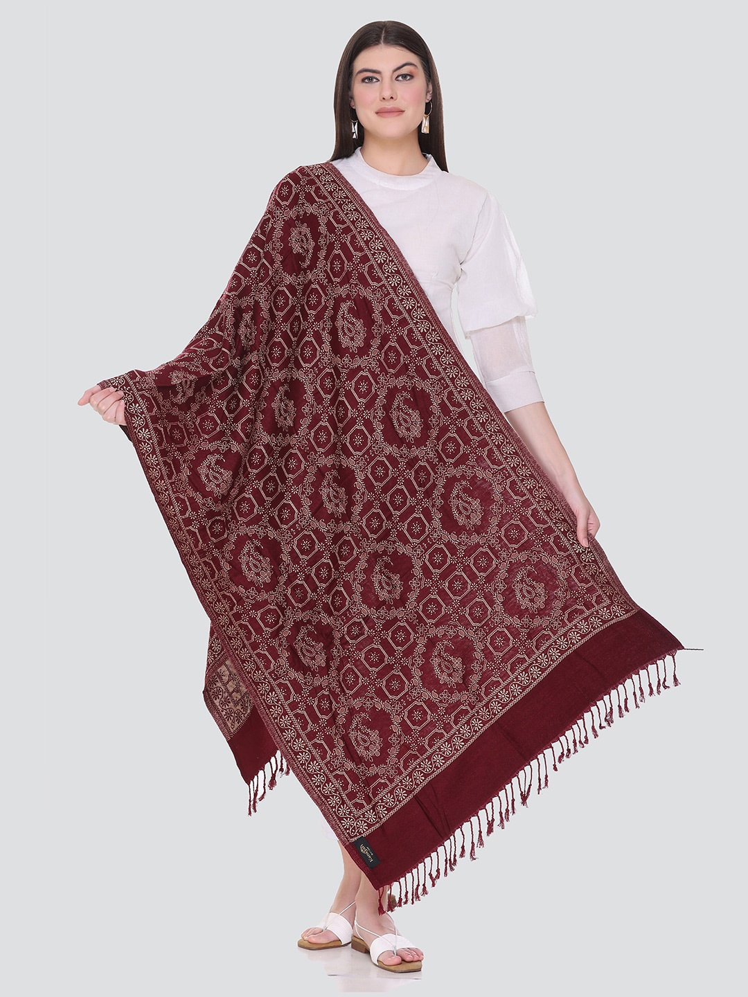 

KANIGARI Women Woven Design Wool Stole, Burgundy