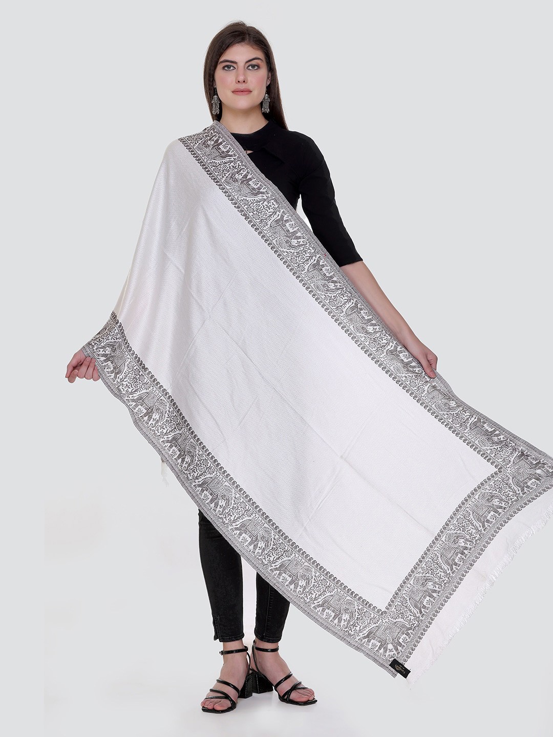 

KANIGARI Women Woven Design Wool Stole, White