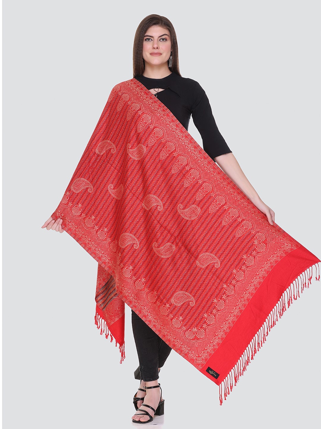 

KANIGARI Women Woven Design Woolen Stole, Red