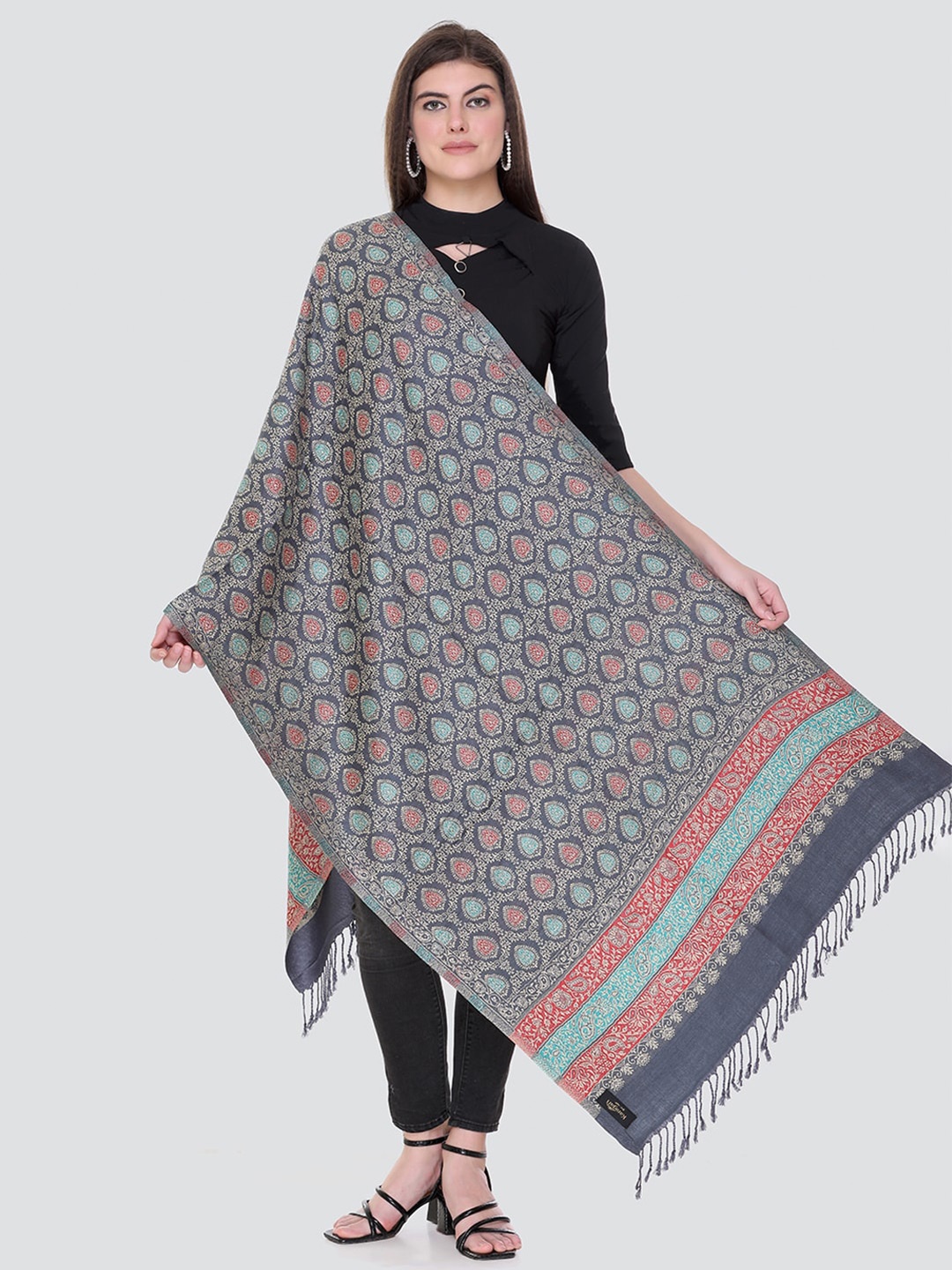 

KANIGARI Women Woven Design Woolen Stole, Grey