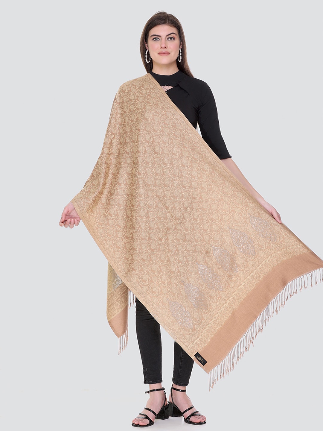 

KANIGARI Women Woven Design Woolen Stole, Beige