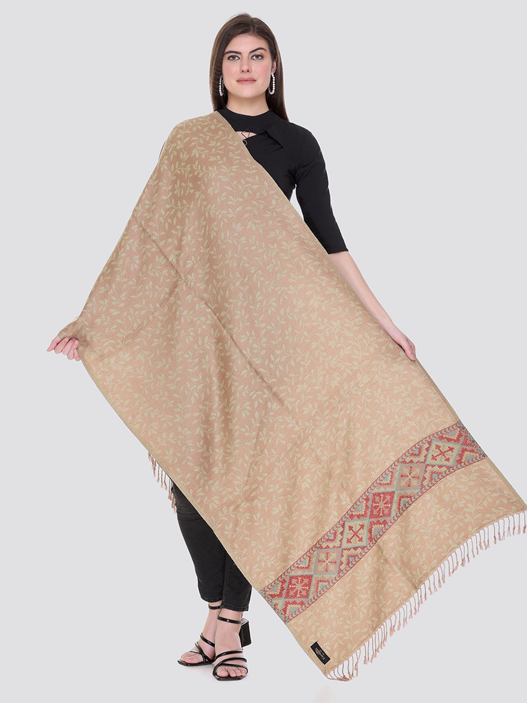 

KANIGARI Women Woven Design Woolen Stole, Beige