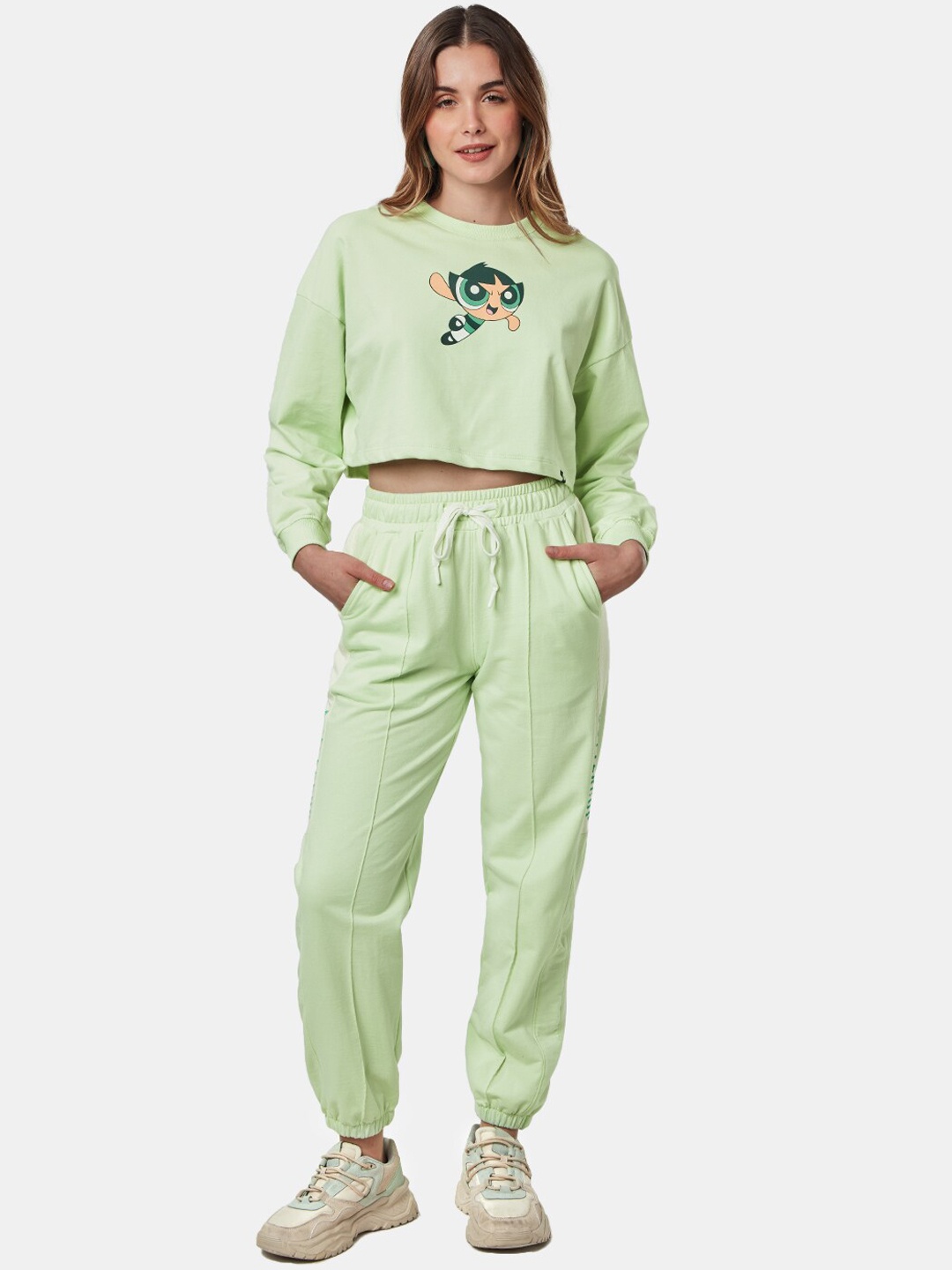 

The Souled Store Women Crop Printed T-shirt & Jogger, Green