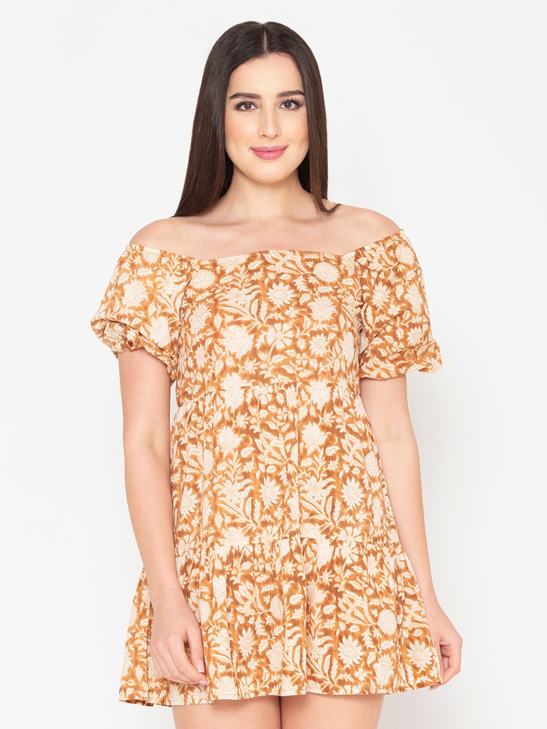 

Porsorte Brown Floral Off-Shoulder Mini Dress