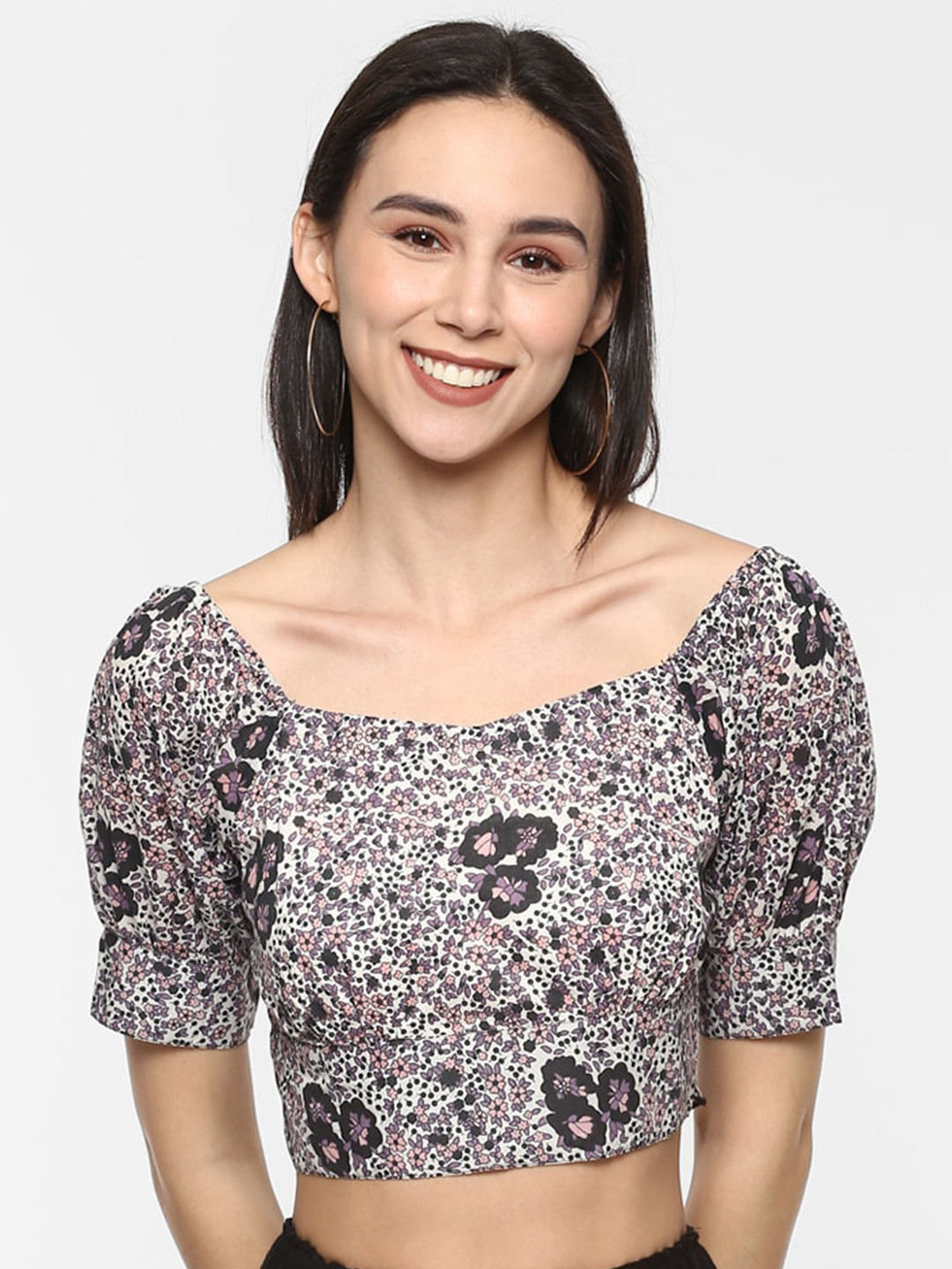 

Porsorte Floral Print Square Neck Pure Cotton Crop Top, Off white