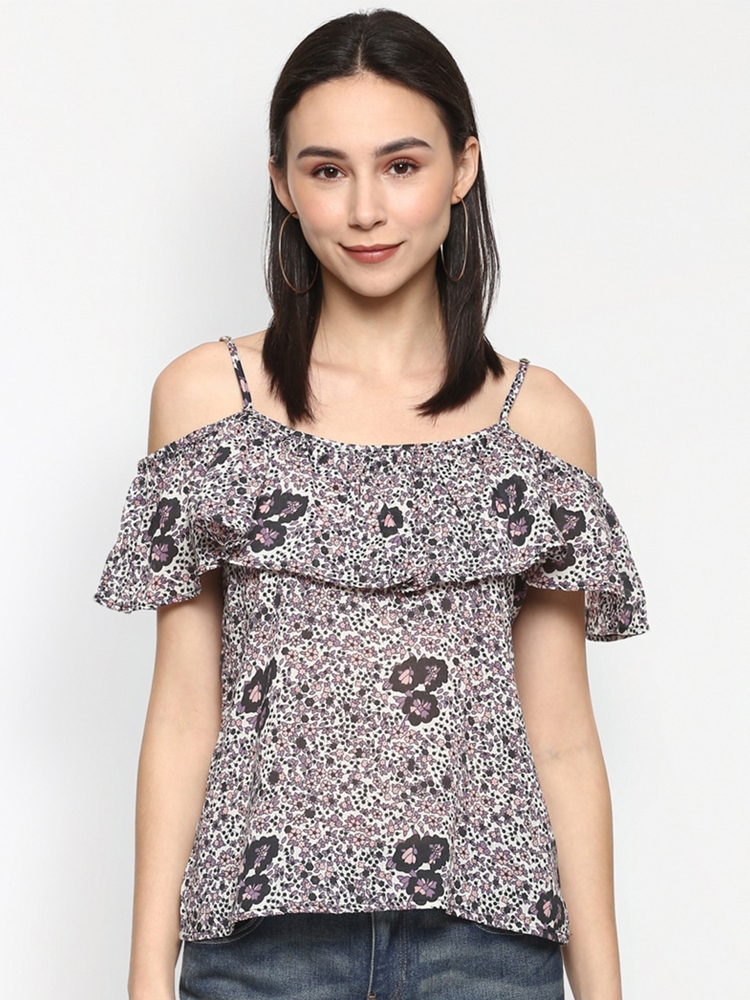 

Porsorte Printed Floral Cold Shoulder Pure Cotton Top, Off white