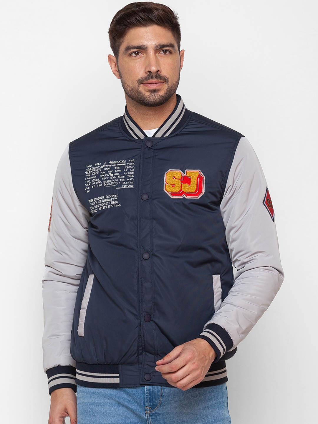 

SPYKAR Men Colourblocked Bomber Jacket, Navy blue
