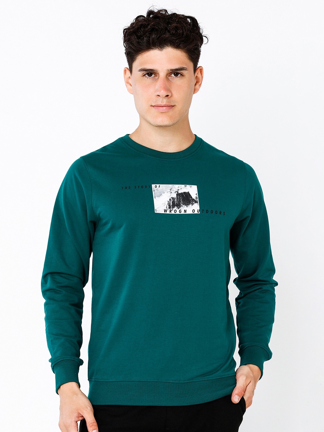 

WROGN Men Cotton Printed Sweatshirt, Green