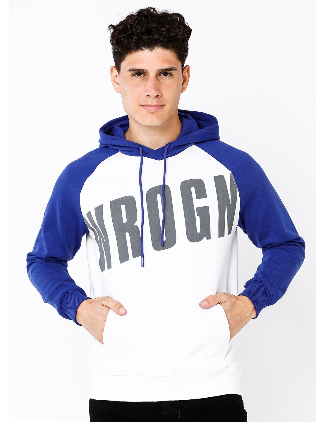 

WROGN Men Printed Cotton Hooded Sweatshirt, Blue