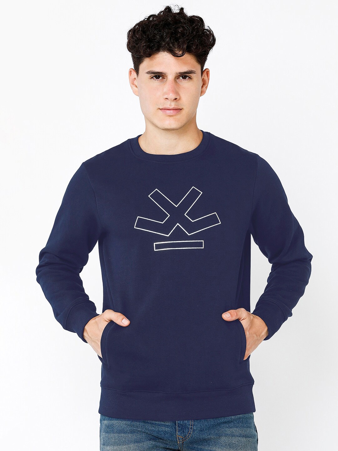 

WROGN Men Graphic Printed Pullover Pure Cotton Sweatshirt, Navy blue