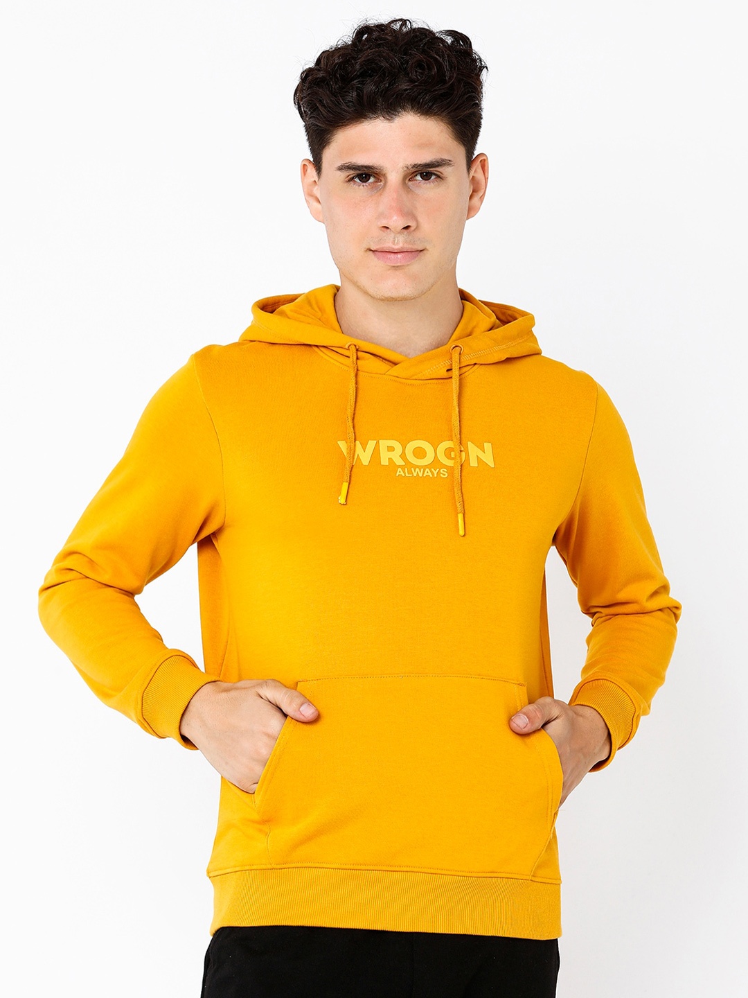 

WROGN Men Alphanumeric Printed Hooded Pullover Pure Cotton Sweatshirt, Mustard