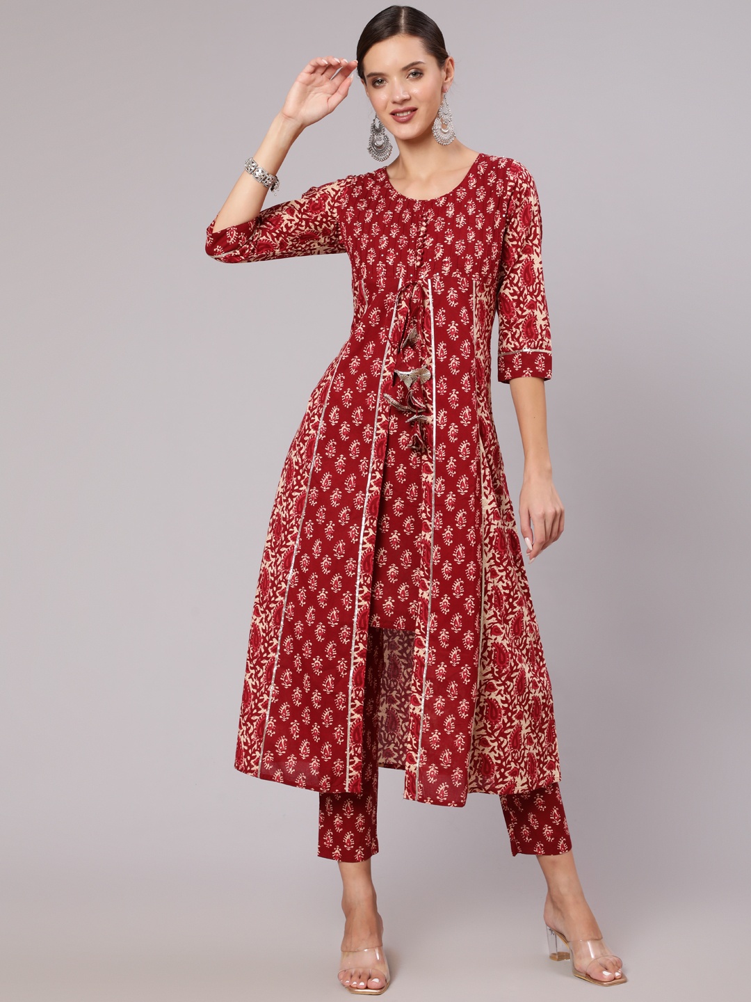 

Jaipur Kurti Women Ethnic Printed Layered Thread Work Pure Cotton Kurta with Trousers, Red