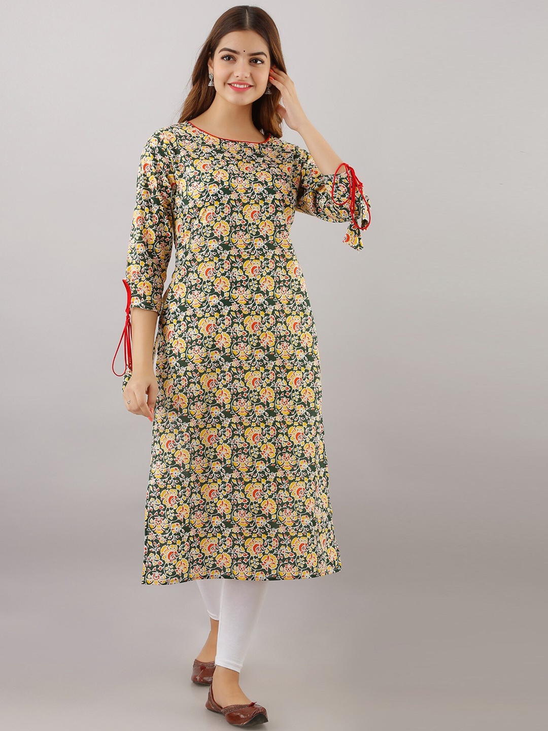 

Women Touch Round Neck Floral Printed Cotton Kurta, Green