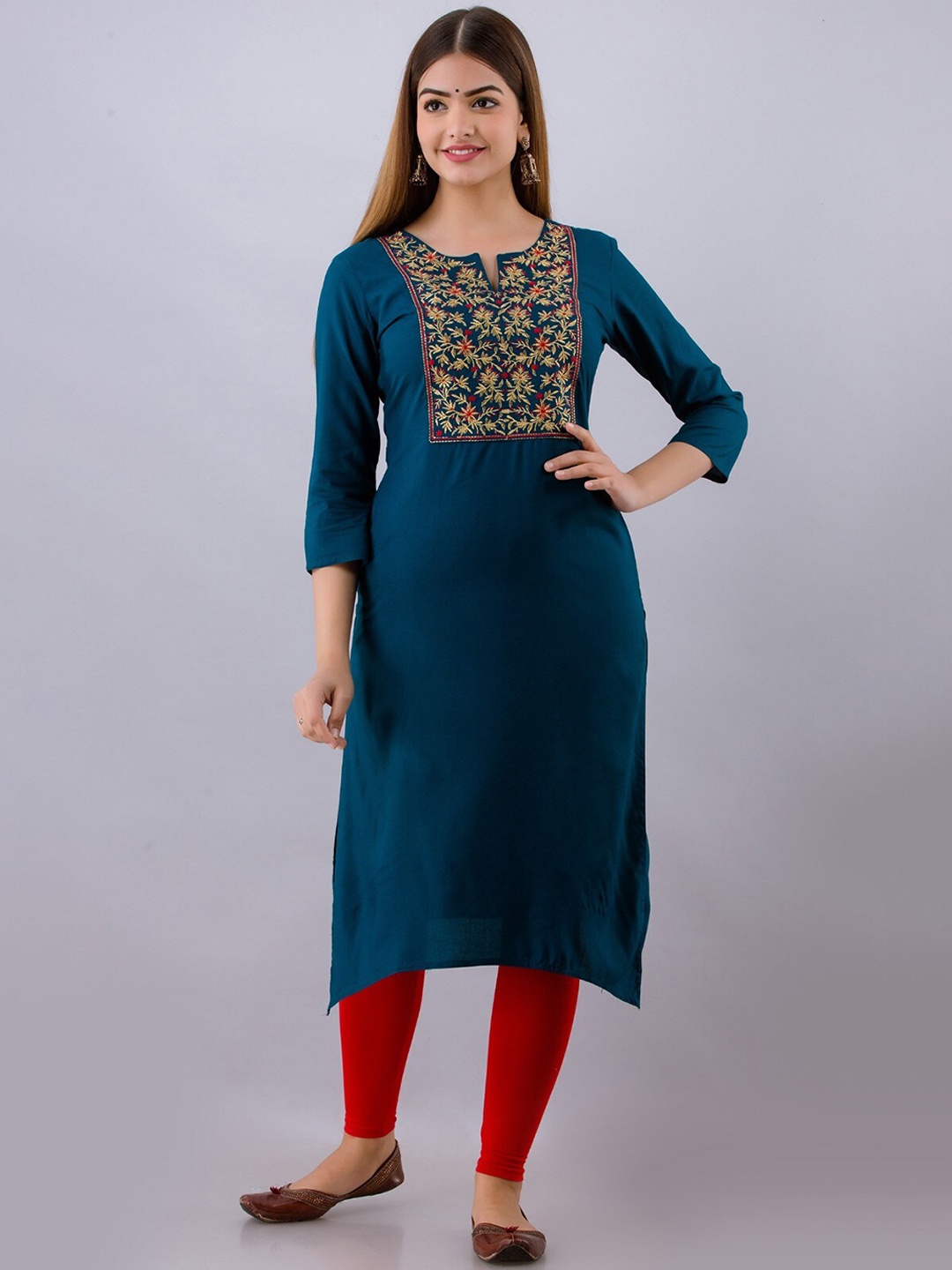 

Women Touch Women Blue Floral Yoke Design Thread Work Handloom Kurta