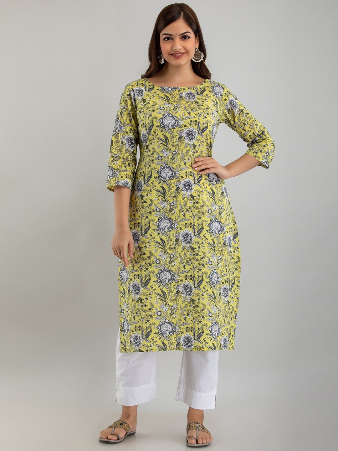 

Women Touch Women Yellow Cotton Floral Printed Handloom Kurta