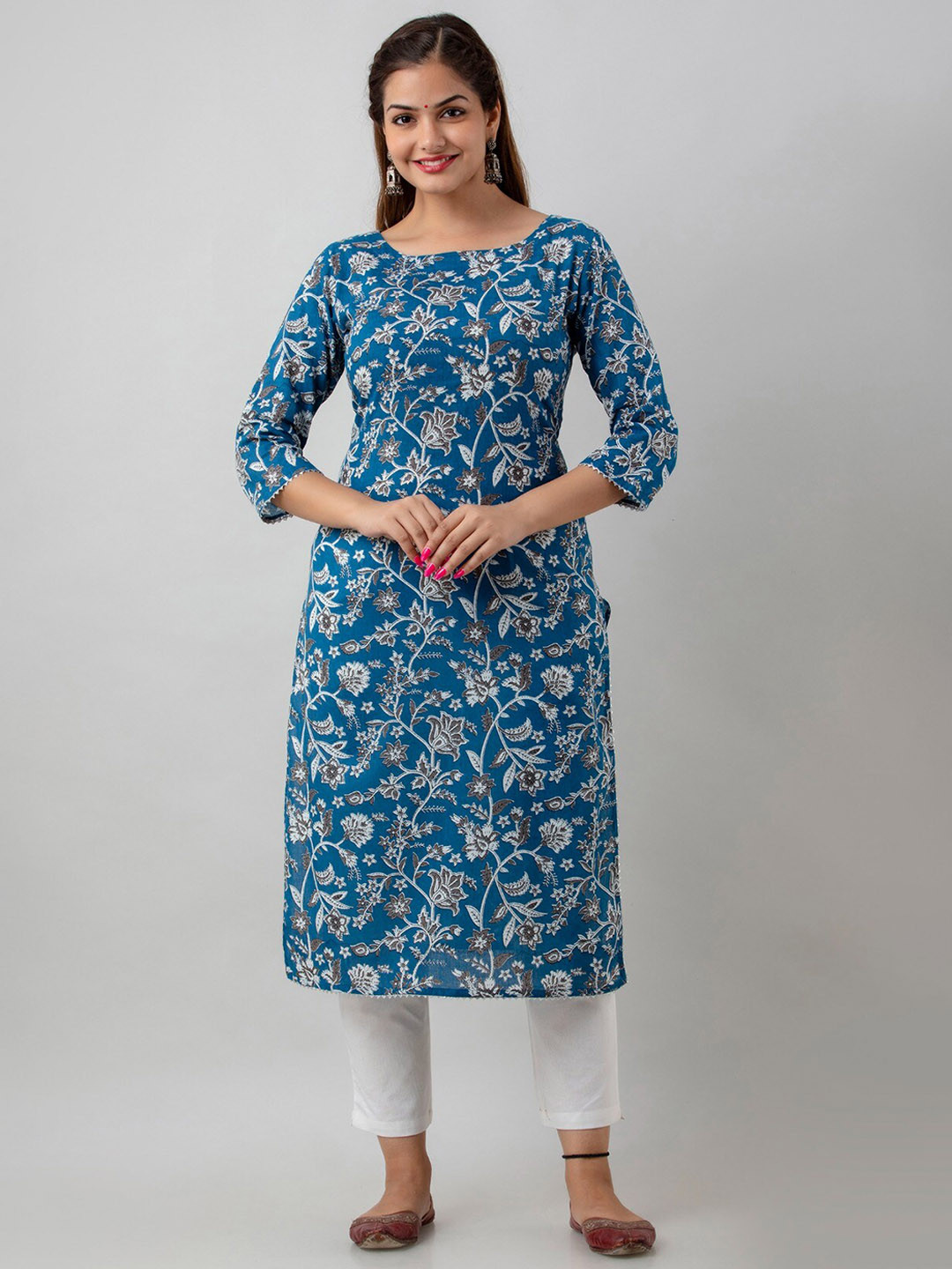 

Women Touch Women Blue Cotton Floral Printed Handloom Kurta