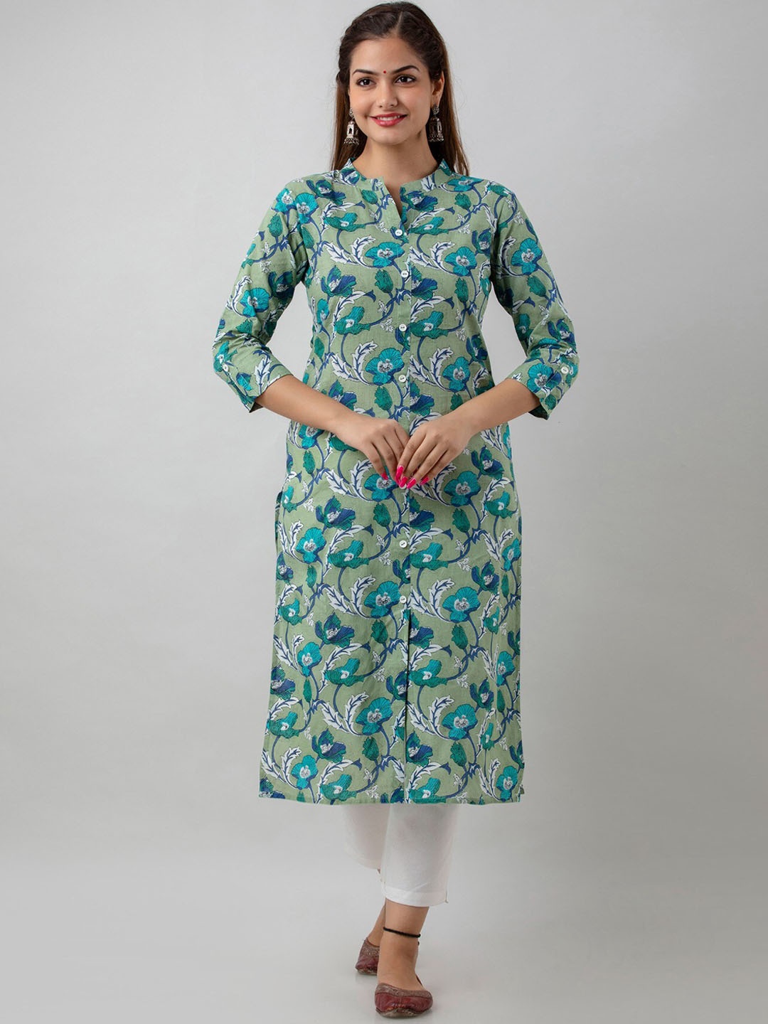 

Women Touch Women Green Cotton Floral Printed Handloom Kurta