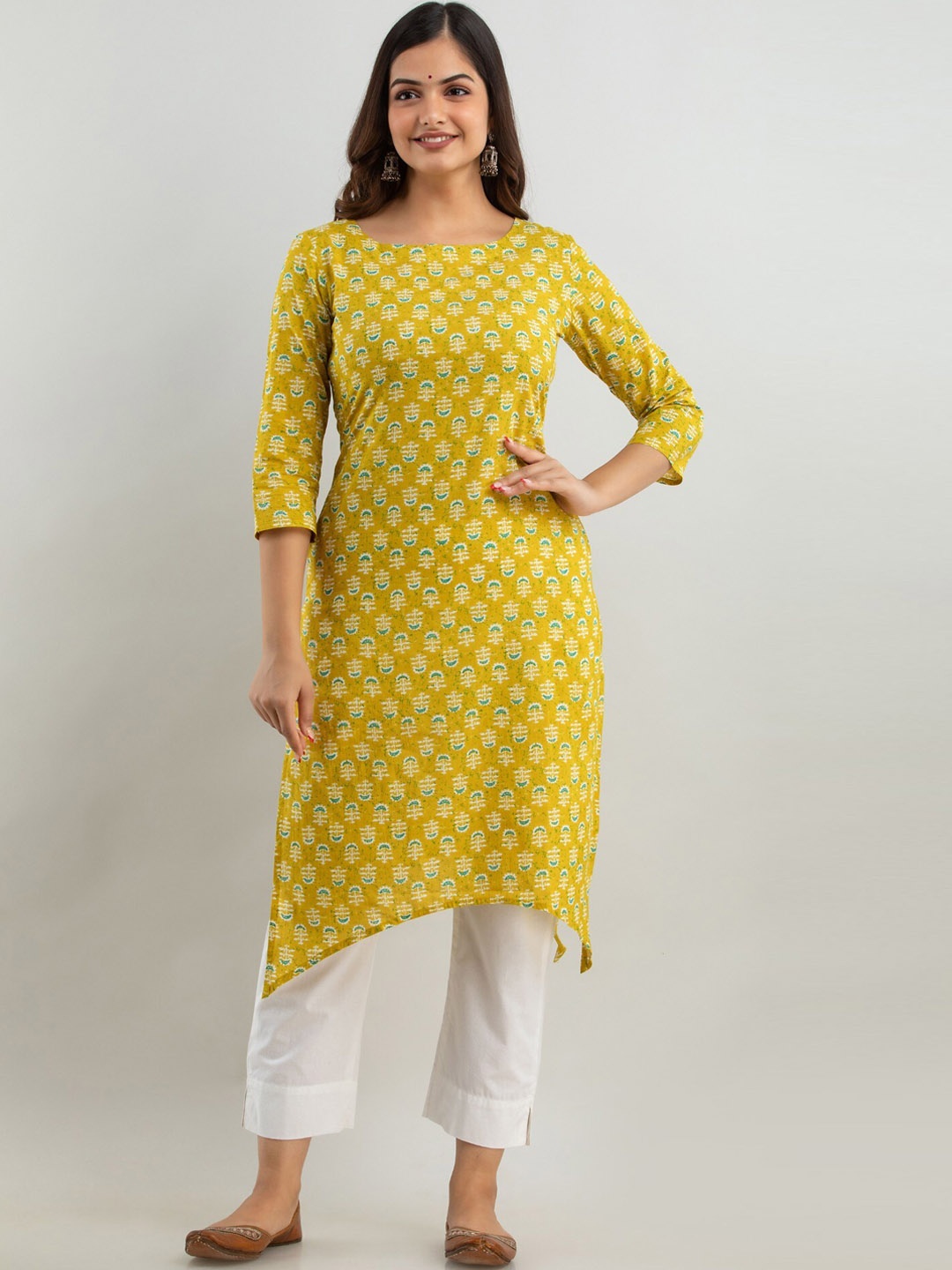 

Women Touch Women Olive Green Cotton Ethnic Motifs Printed Handloom Kurta