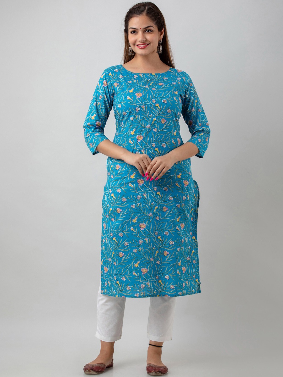

Women Touch Women Blue Cotton Floral Printed Handloom Kurta