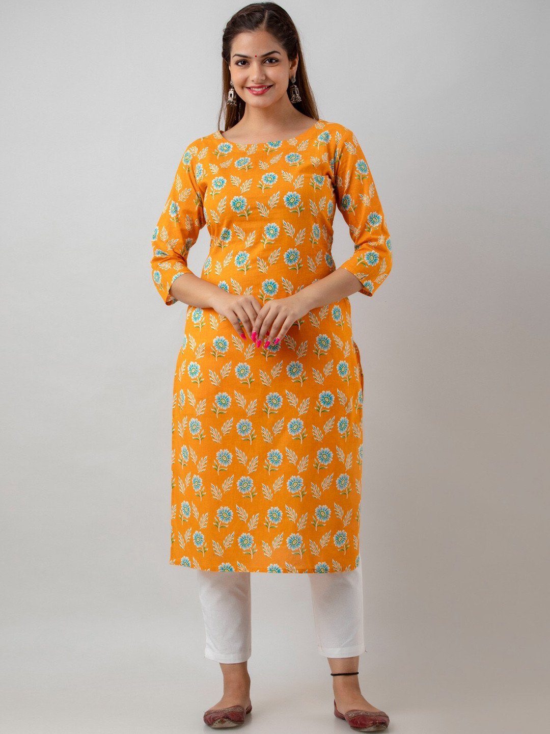 

Women Touch Women Orange Cotton Floral Printed Handloom Kurta