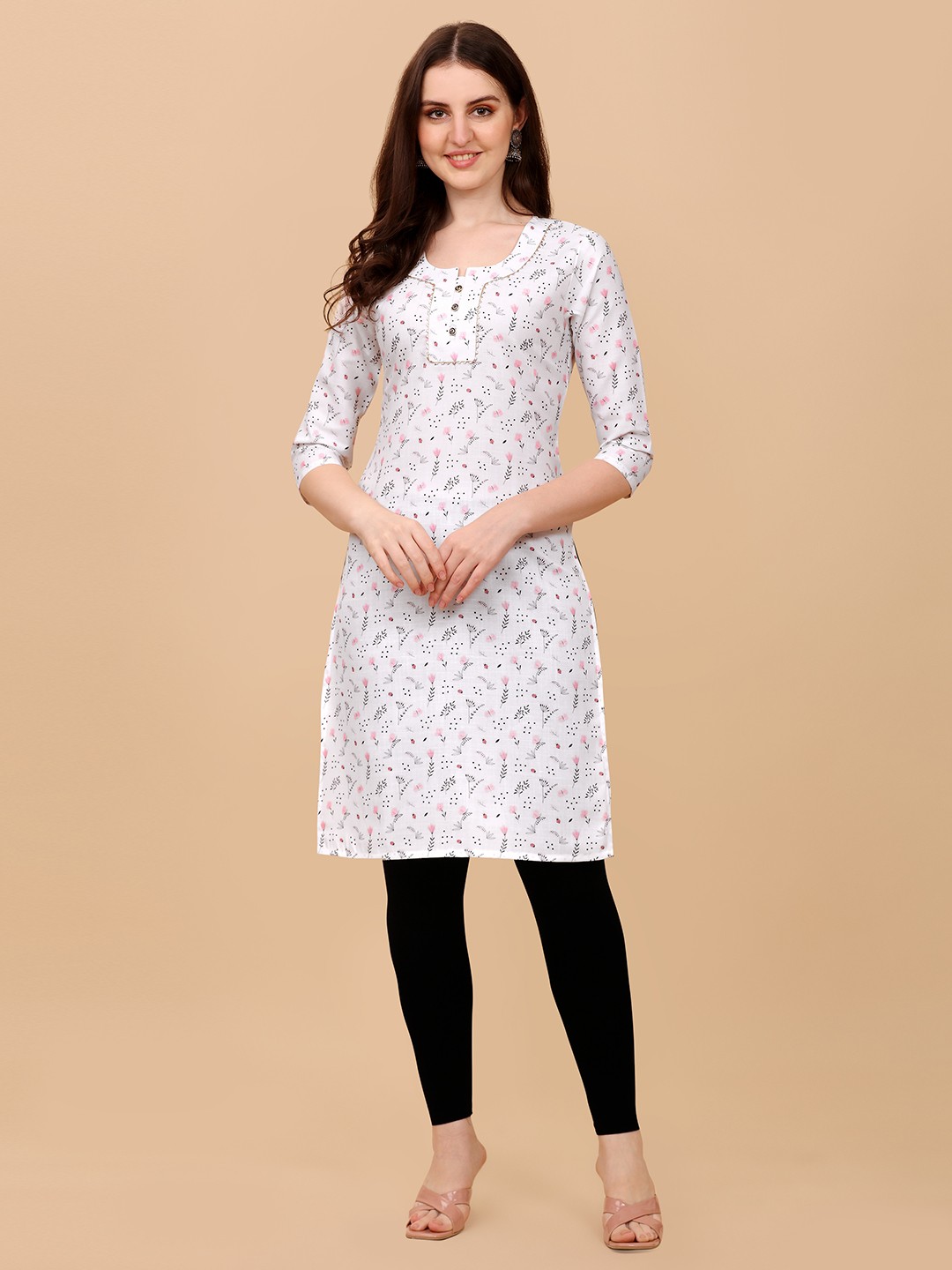 

White World Women White & Black Floral Printed Kurta