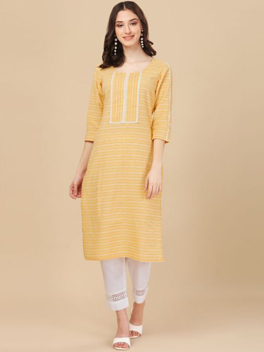 

White World Striped Straight Regular Cotton Kurta, Yellow